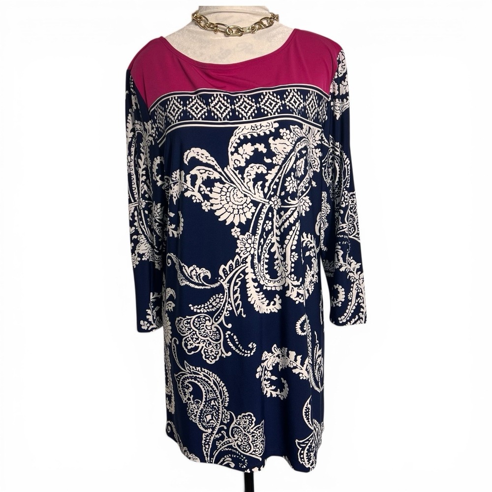 Susan Graver Pink Blue Tunic 3/4 Sleeve Stretchy Liquid Knit Large